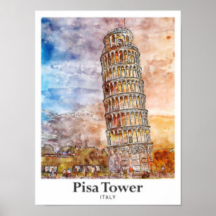 Poster Tour de Pise Italie Voyage Aquarelle main tirée