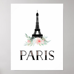 Poster Tour Eiffel branchée et Fleurs Roses Rouges Pari