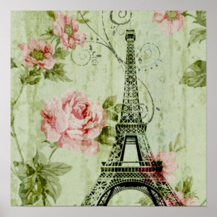 Poster tour eiffel chic à la menthe rose à fleurs paris
