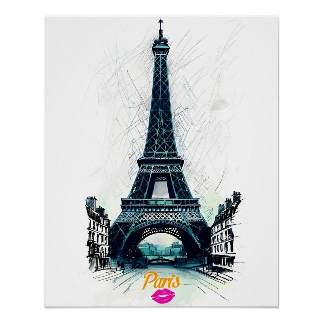 Poster Tour Eiffel croquis impression, dessin au trait, P (Devant)