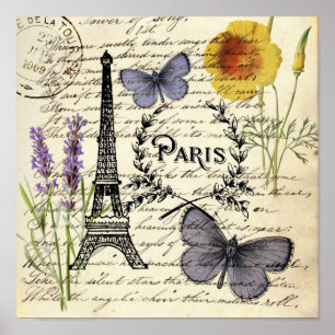Poster tour eiffel de paris, papillon rustique vintage