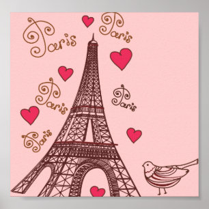 Poster Tour Eiffel et Coeurs en rose