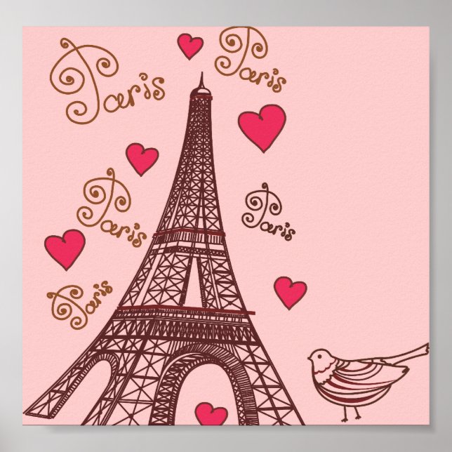 Poster Tour Eiffel et Coeurs en rose (Devant)