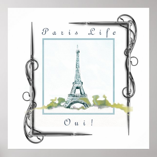 Poster Tour Eiffel Paris Aquarelle Bordure victorienne (Devant)