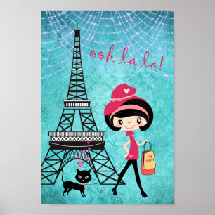 Poster Tour Eiffel Paris Fille et chat Bleu Damas