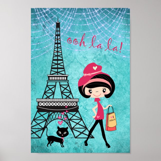 Poster Tour Eiffel Paris Fille et chat Bleu Damas (Devant)