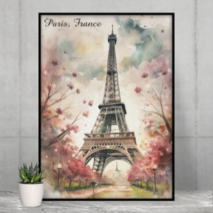 Poster Tour Eiffel romantique de Paris aquarelle florale