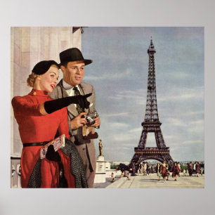 Poster Touristes vintage voyageant à la Tour Eiffel de Pa