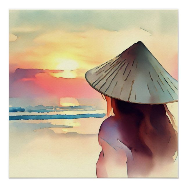 Poster Touristique fille observant le coucher du soleil (Devant)