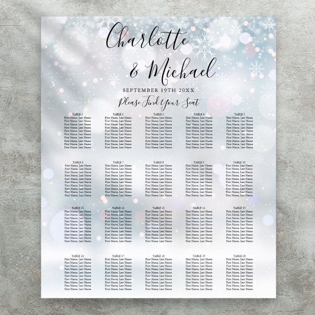 Poster Tourneiges d'hiver Script Mariage Sein Graphique (Winter Snowflakes Script Wedding Seating Chart)