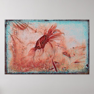 Poster Tournesol sarcelle marron sépia texture vintage an