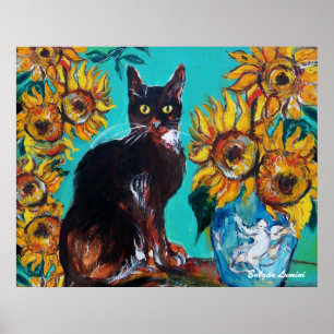 POSTER TOURNESOLS AVEC CHAT NOIR EN TURQUOISE BLEU