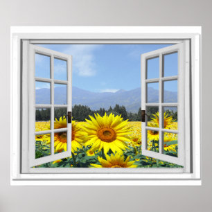 Poster Tournesols d'été vue jardin Fausse fenêtre