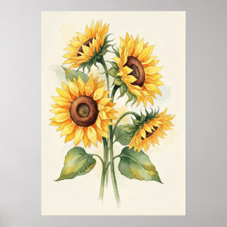 Poster Tournesols Élégants Aquarelle Minimaliste