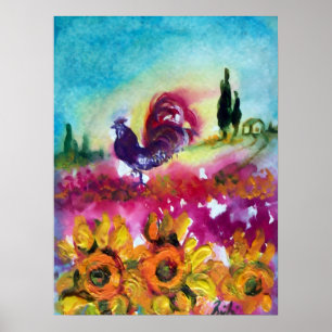 POSTER TOURNESOLS ET COQ NOIR