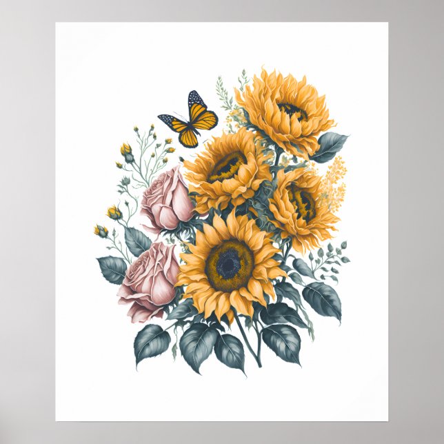 Poster Tournesols et Rose Aquarelle Peinture Bouquet (Devant)