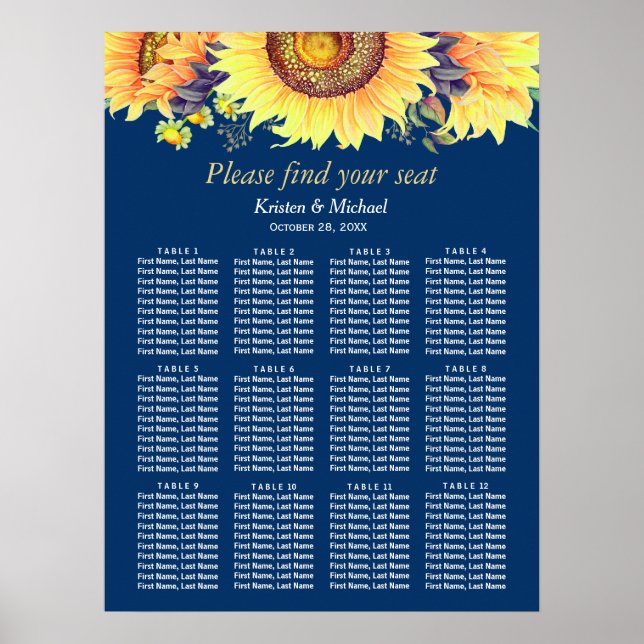 Poster Tournesols Rustiques Mariage bleu de la marine Car (Devant)