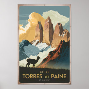 Poster Tours del Paine Chili Illustration Art de voyage