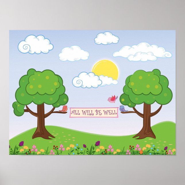 Poster Tout Sera Bien Espérer Arbres Fleurs Oiseaux (Devant)