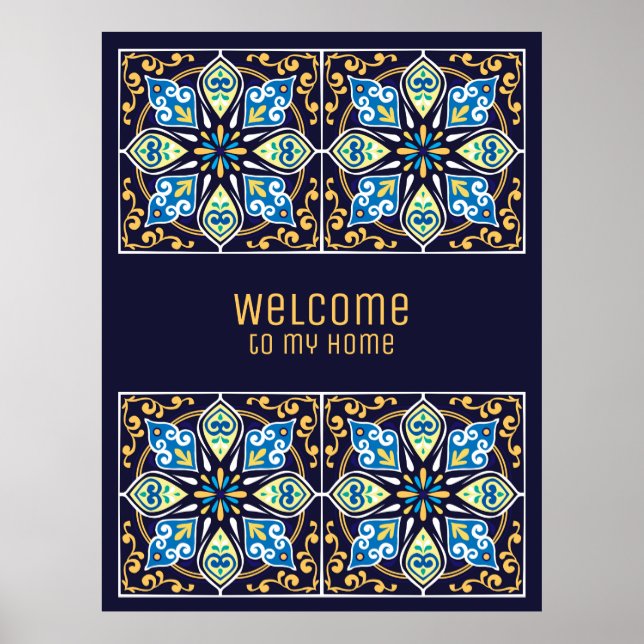 Poster Tout texte personnalisable bleu Azulejos (Devant)