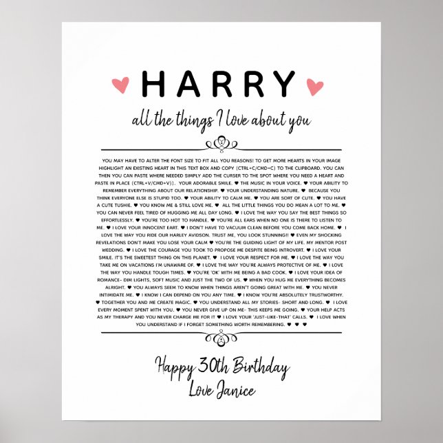 Poster toutes les choses que j'aime chez vous anniversair (Devant)