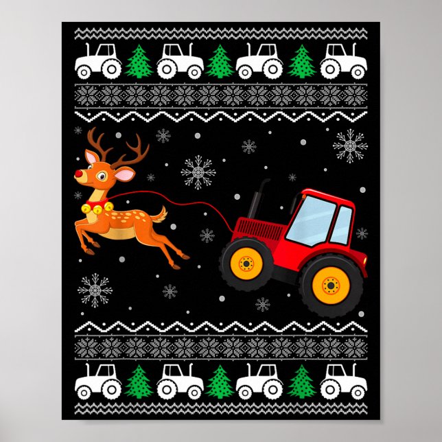 Poster Tractor Ugly Christmas Tree Holiday Funny Xmas Boy (Devant)