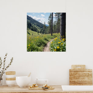Poster Trail forestier avec Fleurs sauvages jaunes