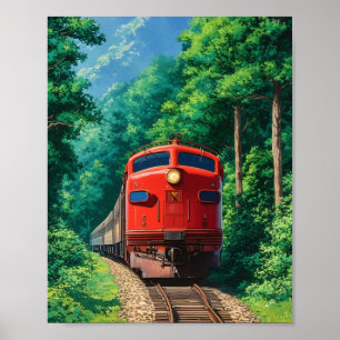 Poster Train à locomotive rouge panoramique en forêt de m