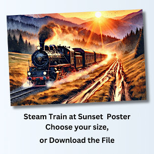 Poster Train à vapeur au coucher du soleil