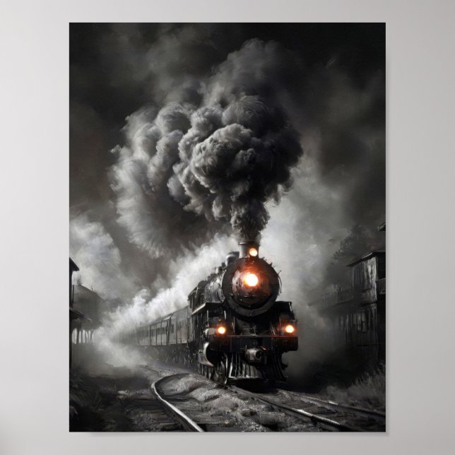Poster Train à vapeur fantôme dans une nuit sombre et ora (Devant)