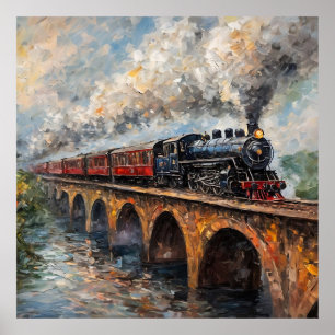 Poster Train à vapeur sur un pont - Peinture à l'huile