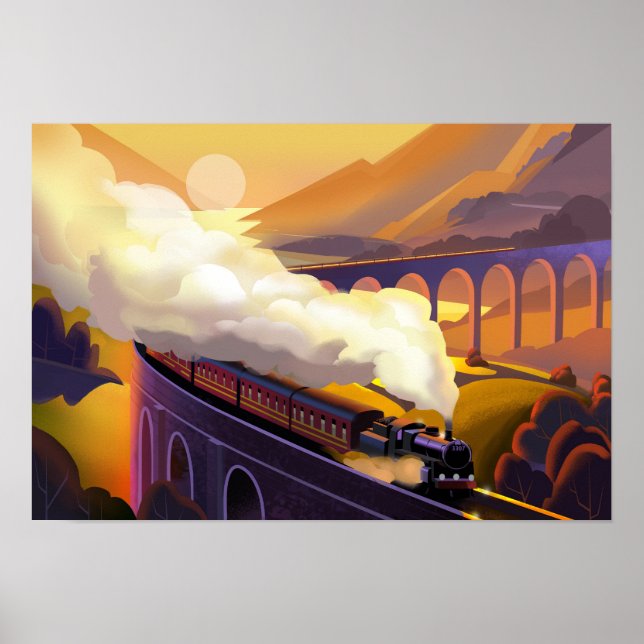 Poster Train à vapeur traversant le pont en Écosse. (Devant)