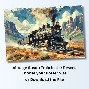 Poster Train à vapeur vintage dans le désert, chemin de f