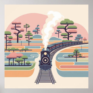 Poster Train à vapeur vintage dans une forêt pastel rêvée
