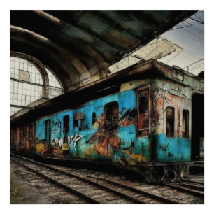 Poster Train abandonné avec Graffiti Urban Street Art