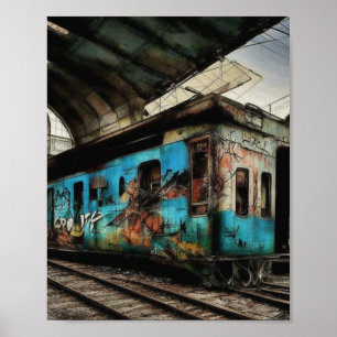 Poster Train abandonné avec graffitis d'art urbain de rue