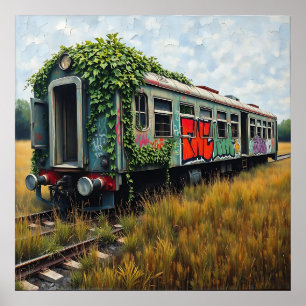 Poster Train abandonné recouvert de lierre et de graffiti