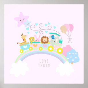 Poster Train Animaux roses