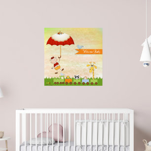Poster Train baby shower avec Animaux et Parapluie