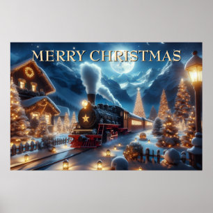 Poster Train de Noël à travers un village illuminé de lan