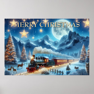 Poster Train de Noël au clair de lune avec des animaux de