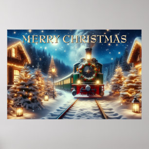 Poster Train de Noël vert dans un village enneigé