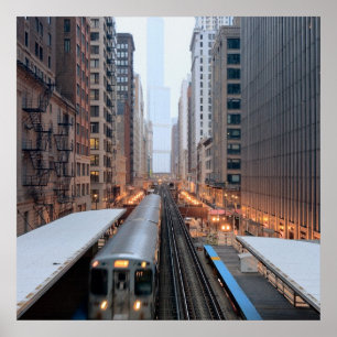 Poster Train en hauteur dans le centre-ville de Chicago s