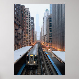 Poster Train en hauteur dans le centre-ville de Chicago s
