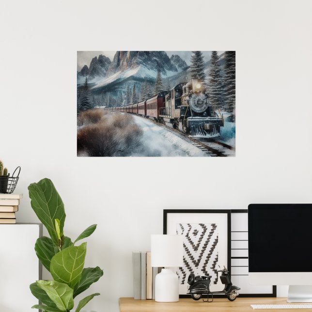 Poster Train Vintage sur Voies d'Hiver avec Montagnes (Bureau à domicile)
