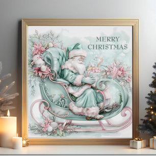 Poster Traîneau de Père Noël Vintage Noël Bleu Sarcelle R