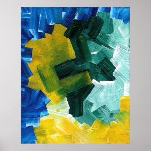 Poster Traits de pinceau abstraits bleus, verts et jaunes