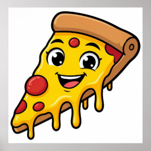 Poster Tranche de pizza drôle et heureuse avec fromage ex
