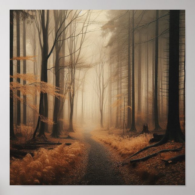 Poster Tranquil Foggy Trail Through Golden Autumn (Devant)
