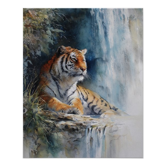 Poster Tranquil Waterfall Tiger Misty Cliff Art (Devant)